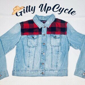 Upcycled Custom Lt Blue distressed Jean jacket with red and black plaid accent.